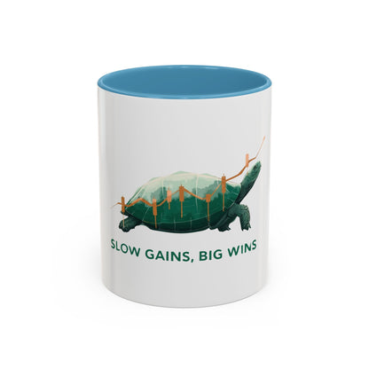 "Slow Gains, Big Wins" mug for traders and investors