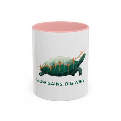 "Slow Gains, Big Wins" mug for traders and investors