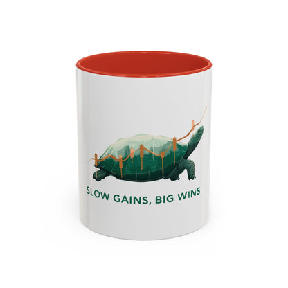 "Slow Gains, Big Wins" mug for traders and investors
