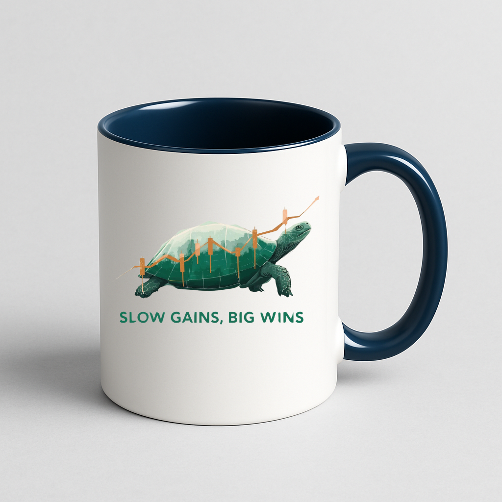 "Slow Gains, Big Wins" mug for traders and investors