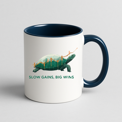 "Slow Gains, Big Wins" mug for traders and investors