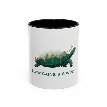 "Slow Gains, Big Wins" mug for traders and investors