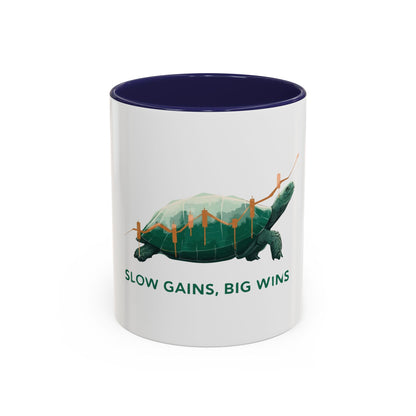"Slow Gains, Big Wins" mug for traders and investors